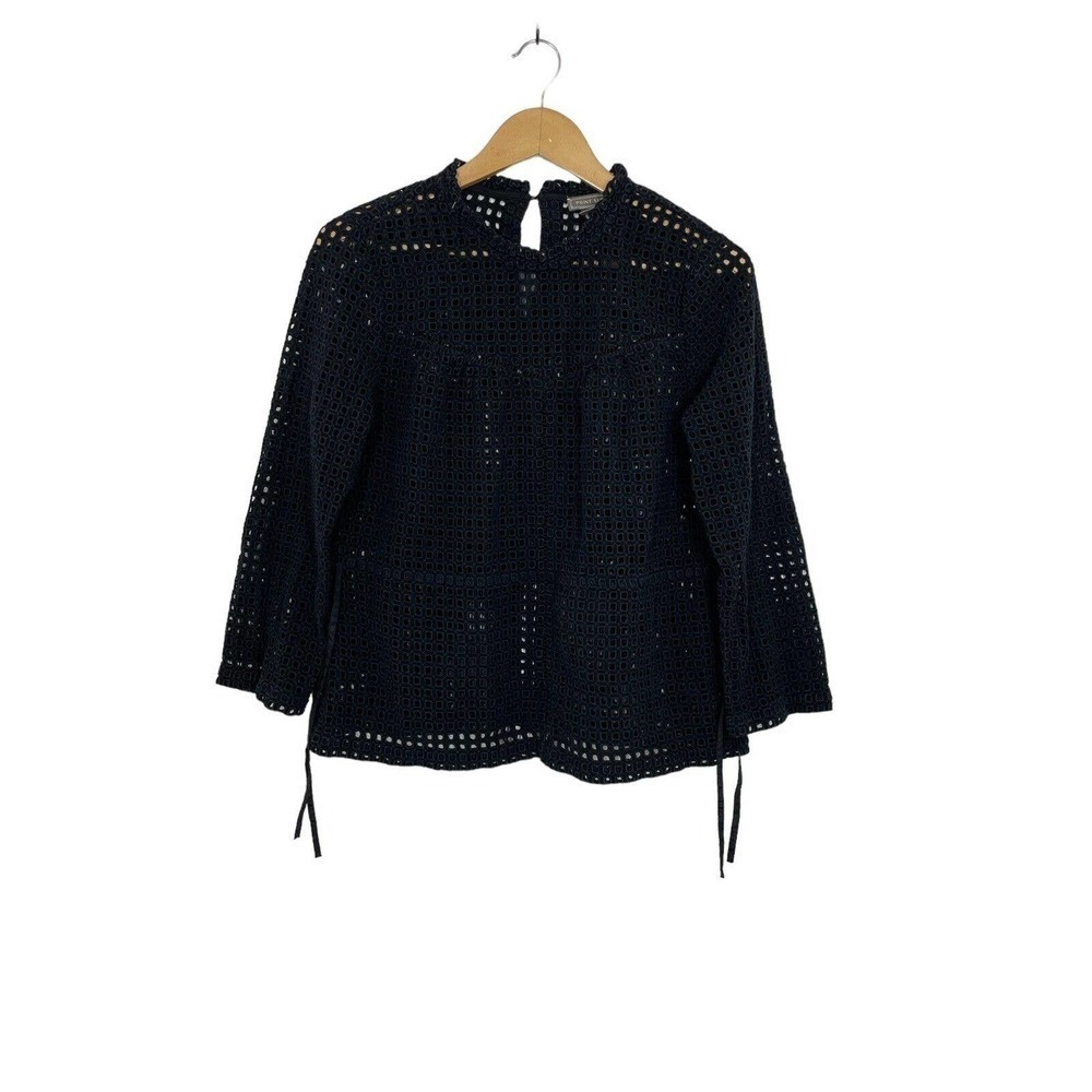 J.Crew Point Sur Womens Black Eyelet Long Sleeve Cinch Waist Top Size 6